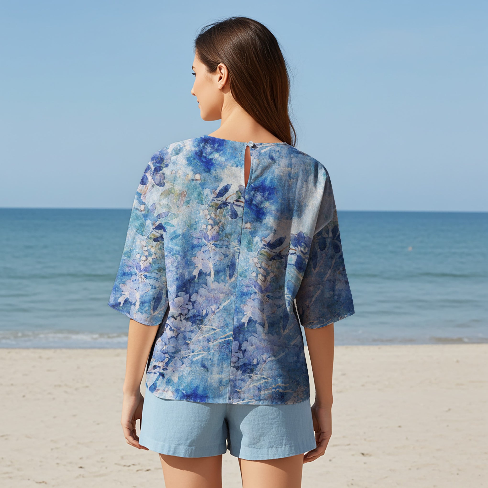 Women Casual Blouse Elbow Sleeve Round Neck Button-Back 95% Lyocell, 5% Linen Blue Aloha Blue Dreams