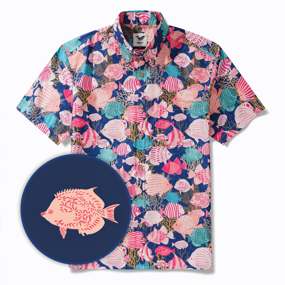 Chemise hawaïenne masculine à manches courtes à manches courtes 100% coton Aloha Fishes heureux dans le récif corallien par Annick
