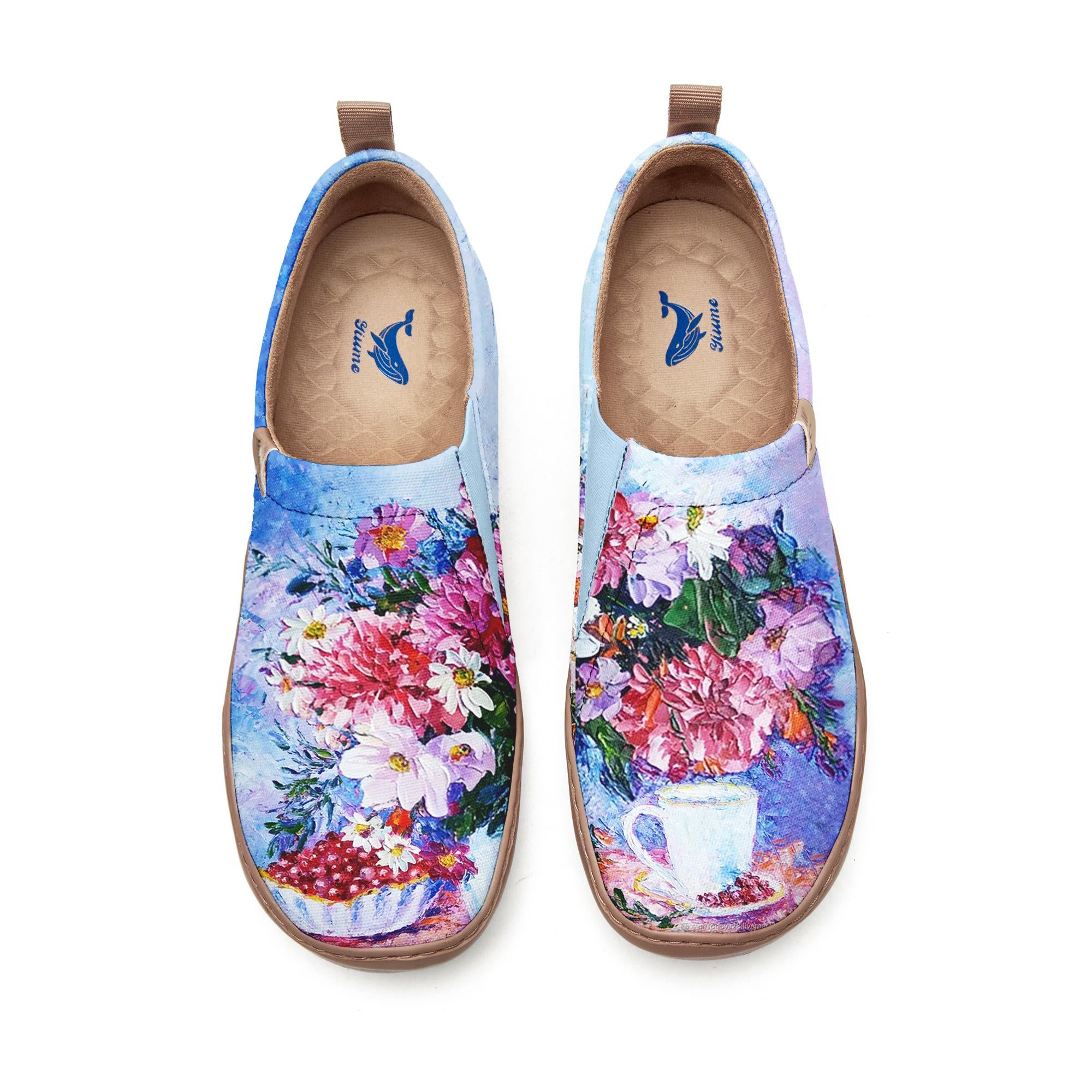 Yiume pour femmes en art pour femmes chaussures de toile décontractées rose et imprimé à l'huile de floral rose peinte, 100% coton en bord de mer saphir