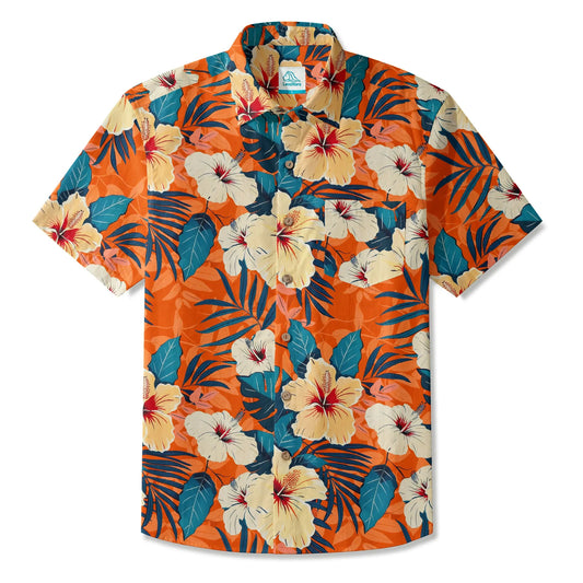 Orange Hibiscus Men's Hawaiian Shirt, short sleeve, button-up