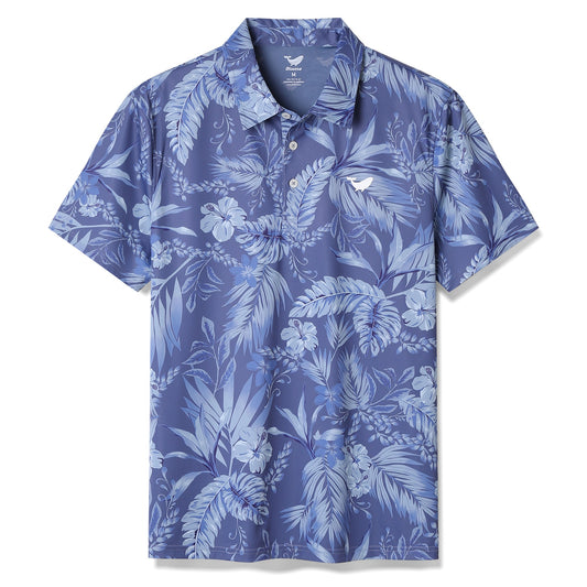 Men's Hawaiian Tropical Blue Bush Print Short Sleeve Polo Shirt Tropical Blue Bush Polo
