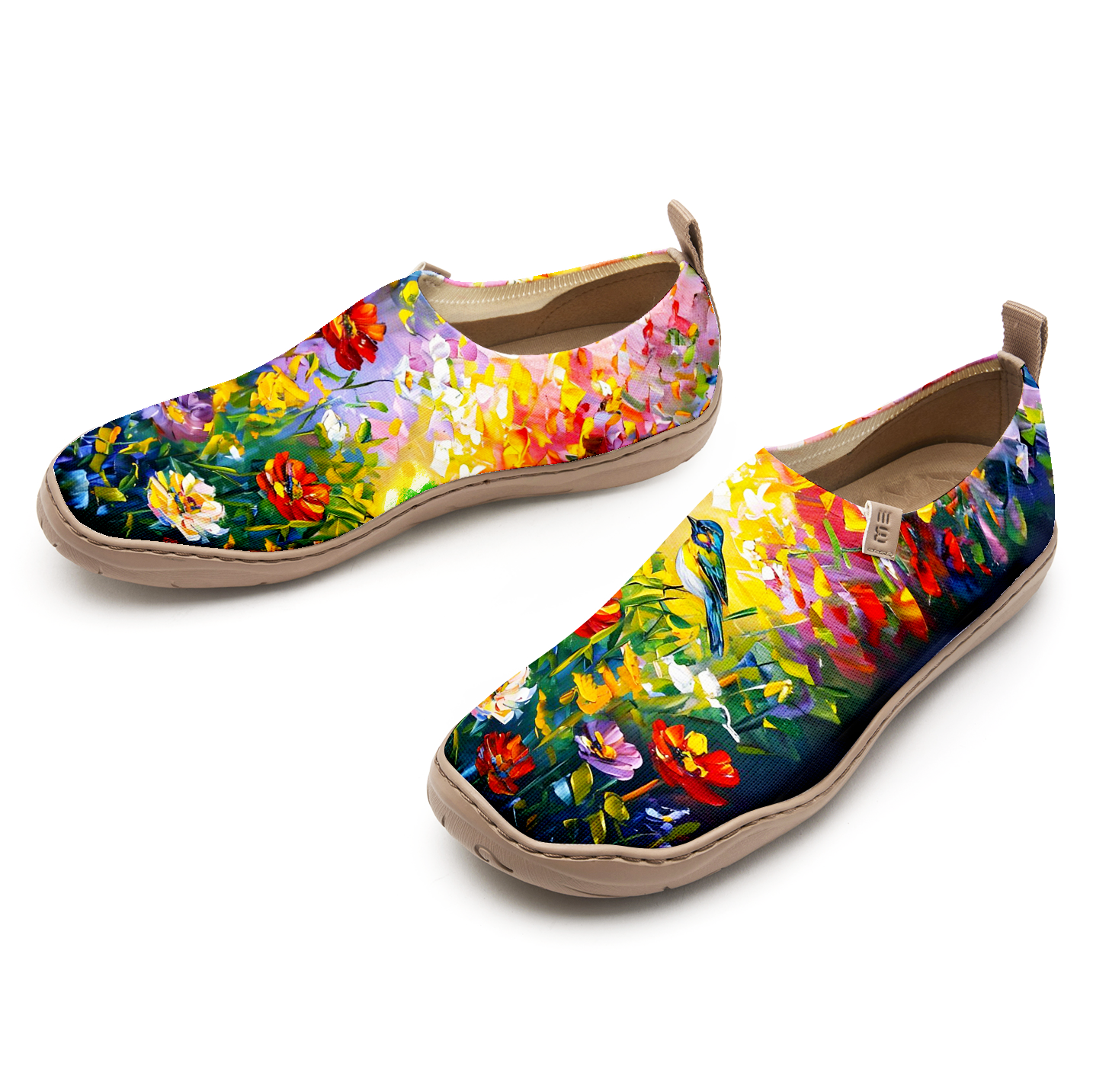 Paint d'huile oiseaux et fleurs chaussures de femmes bleues chaussures bleues florales