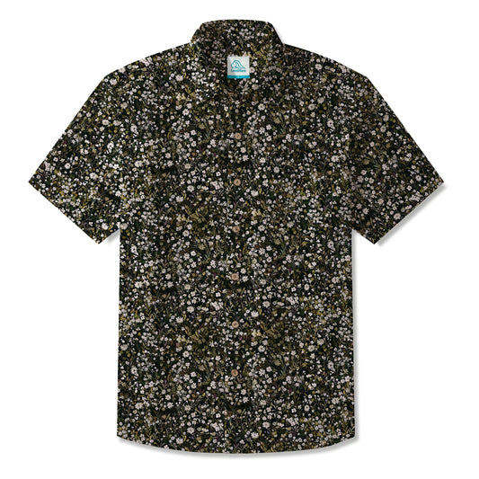 LeosWare® Men's Hawaiian Shirt Short Sleeve Button-up 100% Cotton Green Aloha Vintage Midnight Garden