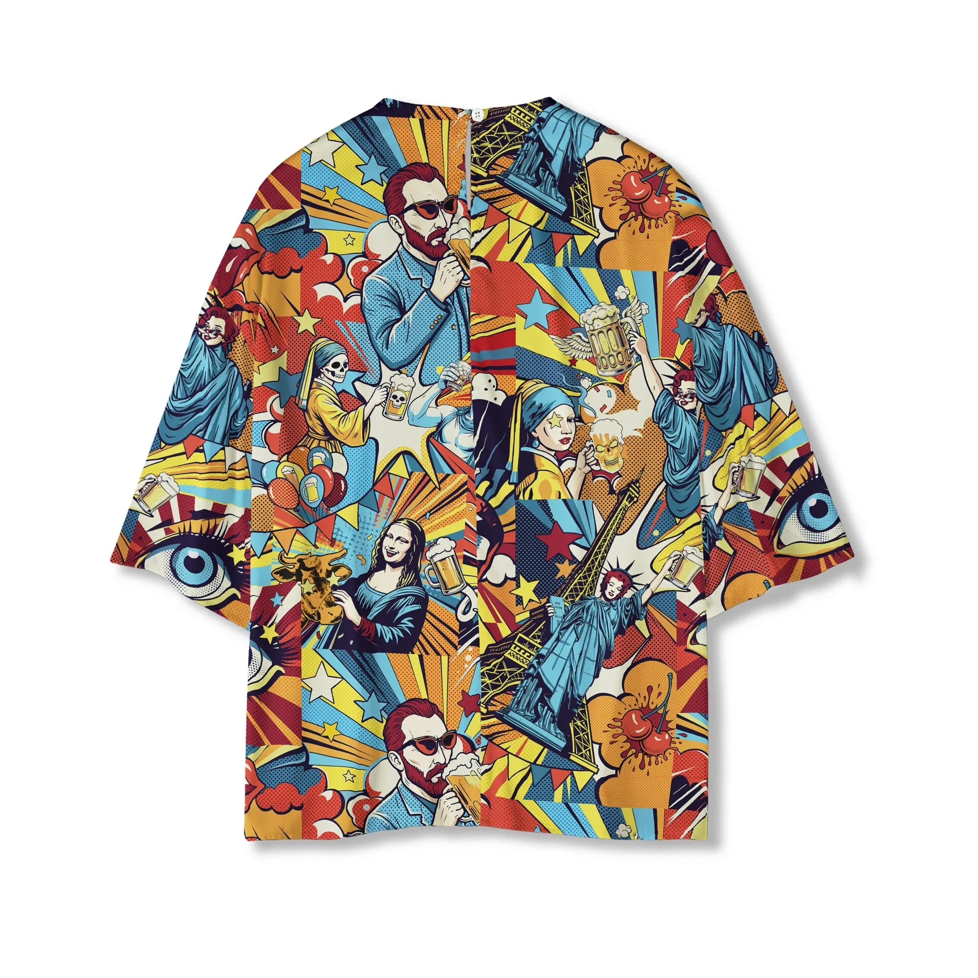 Art-inspired women's blouse with elbow sleeves and button-back