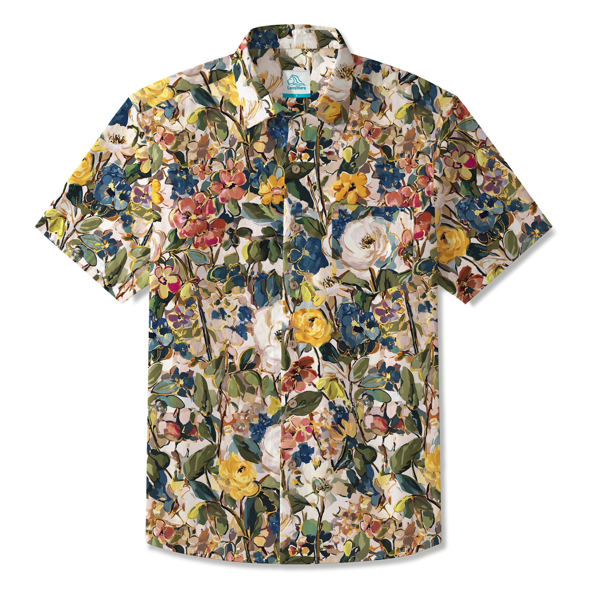 LeosWare® Men's Hawaiian Shirt Short Sleeve Button-up 100% Cotton Green Aloha Impressionist Floral Art