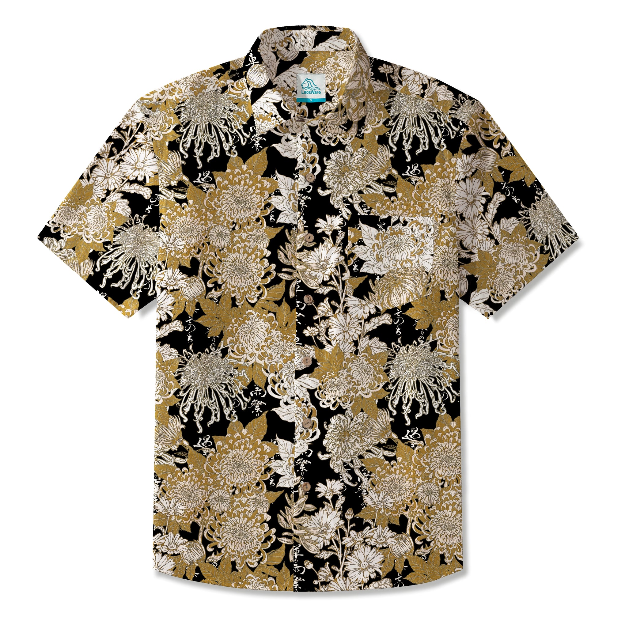LeosWare® Men's Hawaiian Shirt Short Sleeve Button-up 100% Cotton Black Aloha Eastern Floral Art