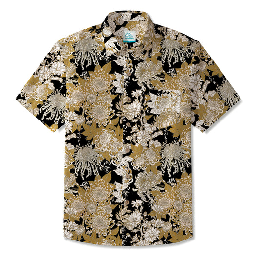 LeosWare® Men's Hawaiian Shirt Short Sleeve Button-up 100% Cotton Black Aloha Eastern Floral Art
