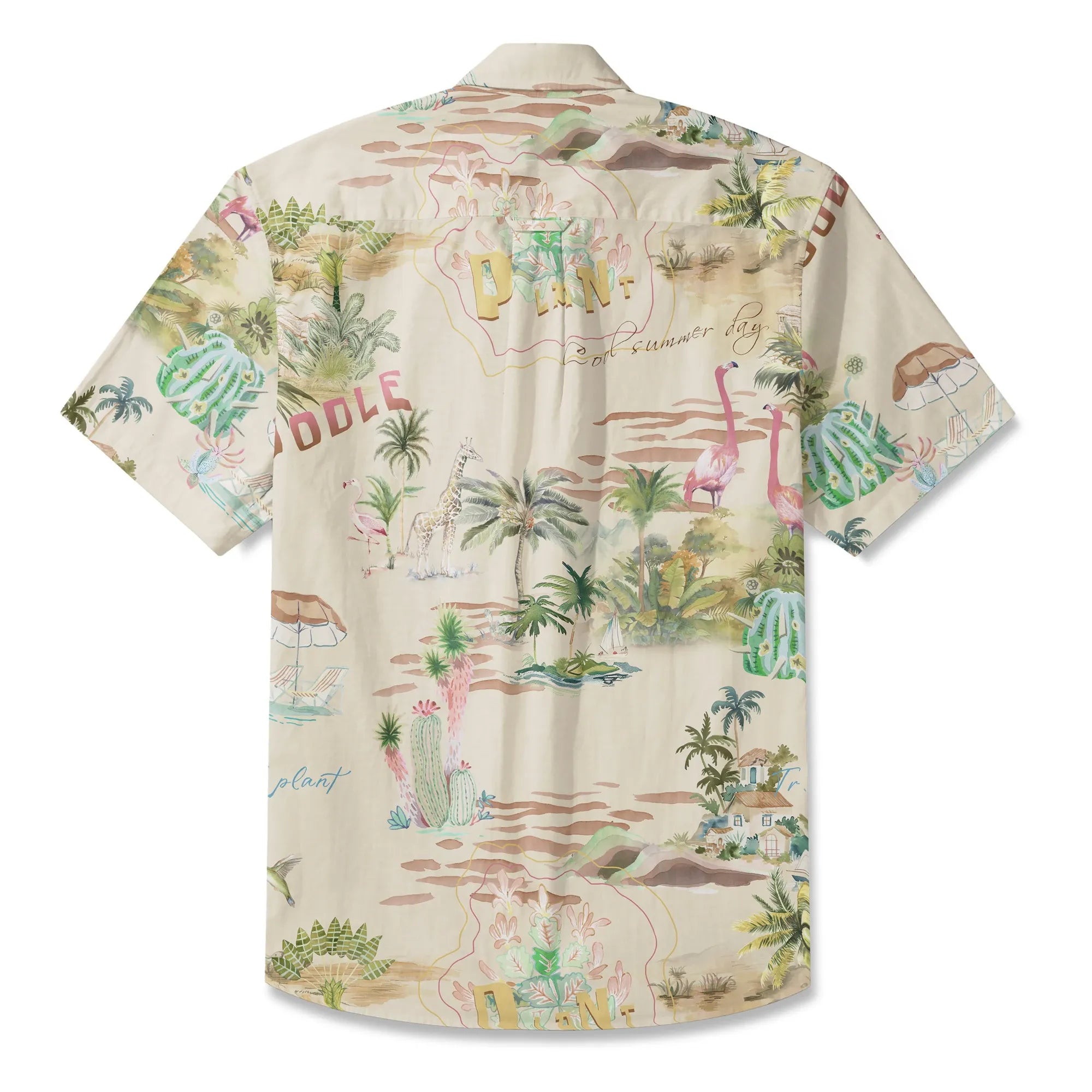Green Hawaiian shirt with flamingos and sailboats