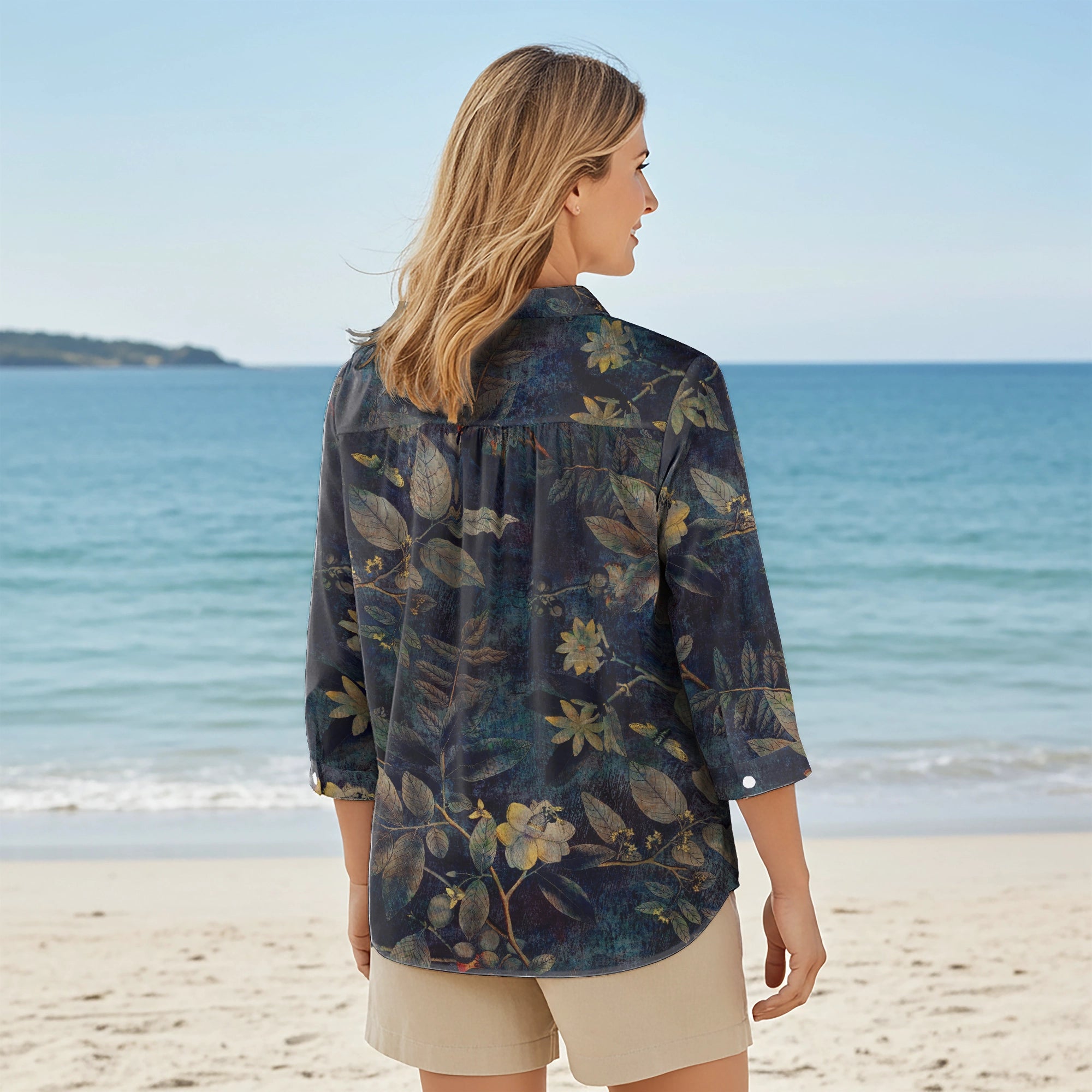 Women Casual Blouse 3/4 Sleeve V-neck Shirt Collar 100% Lyocell Green Aloha Atmospheric Plant Whispers