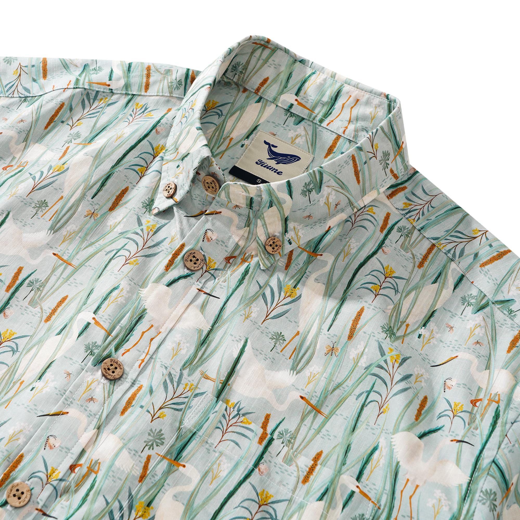 Chemise hawaïenne masculine à manches courtes à manches courtes 100% coton vert aloha oiseaux du billabong par Katherine Quinn