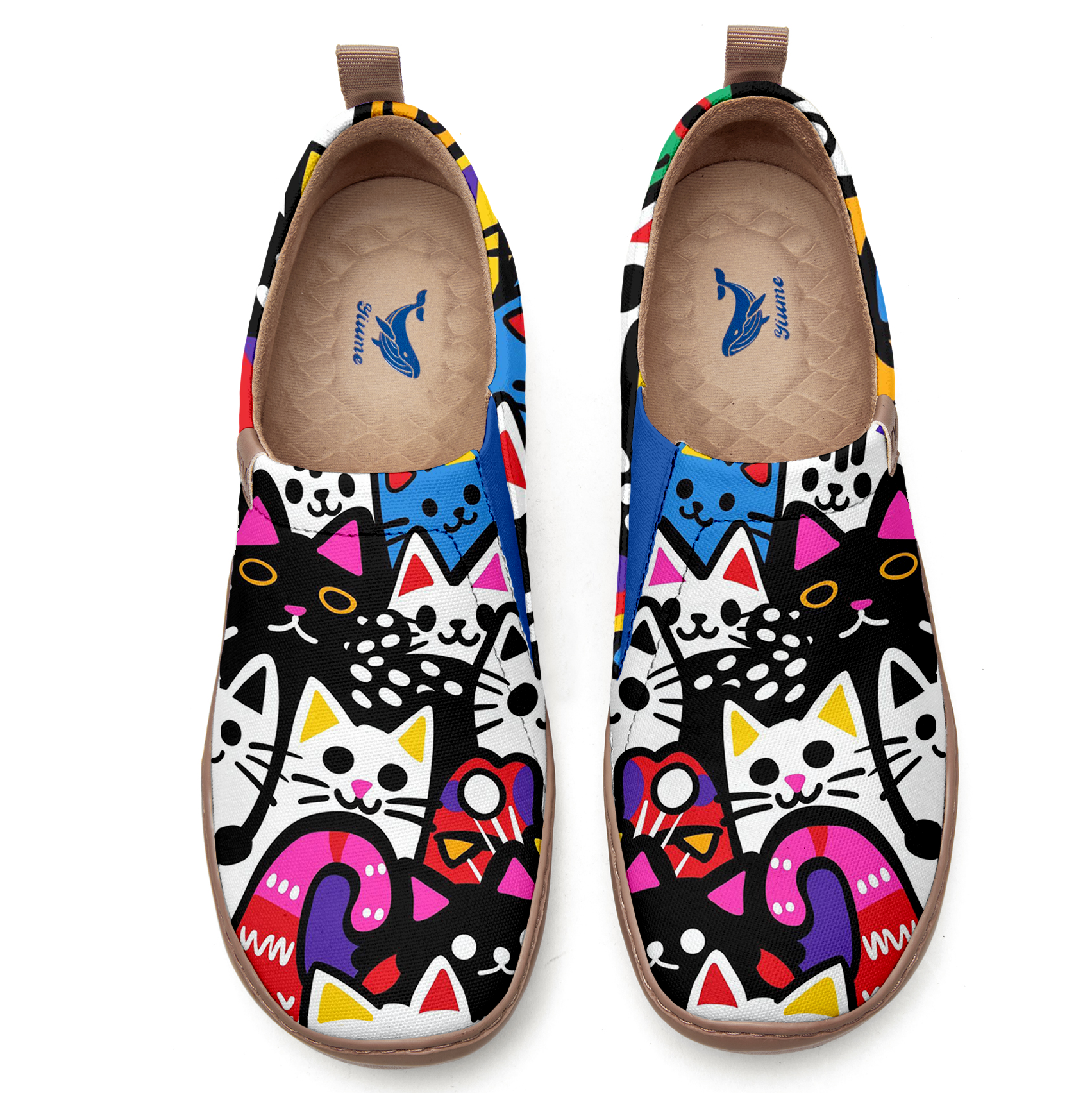 Women's Foldable Loafers, Paws Party Blue Painted Canvas Slip-On Sneakers,100% Cotton Colorful Cats