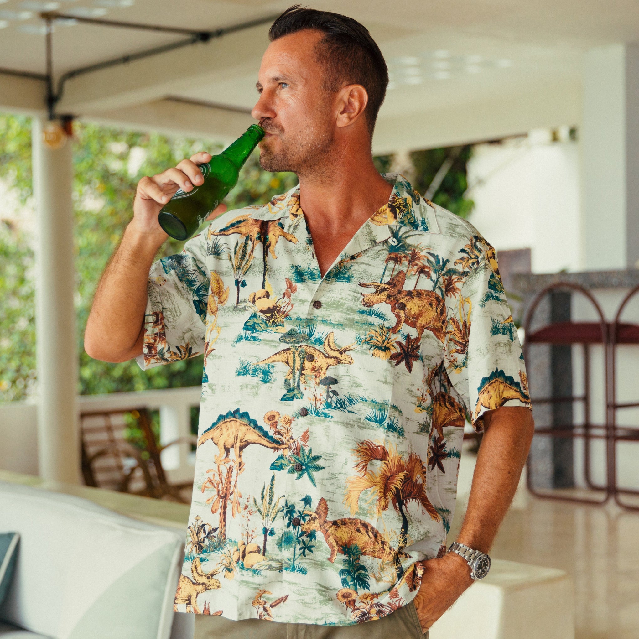 100% Silk Men's Dinosaur Shirts With Camp Collar Jurassic Dinos Park Luxurious - Silk Dinosaur Land(silk)