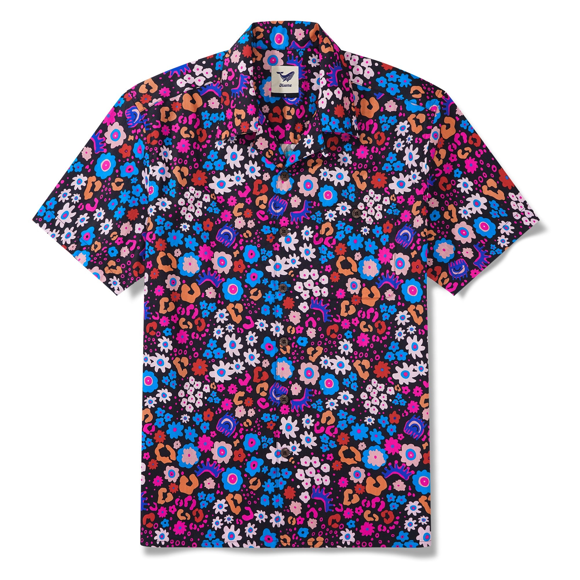 Herren -Hawaiian -Hemd Kurzarm Camp Camp Hals 100% Baumwollblau Aloha Enchanted Garden Leopard Print