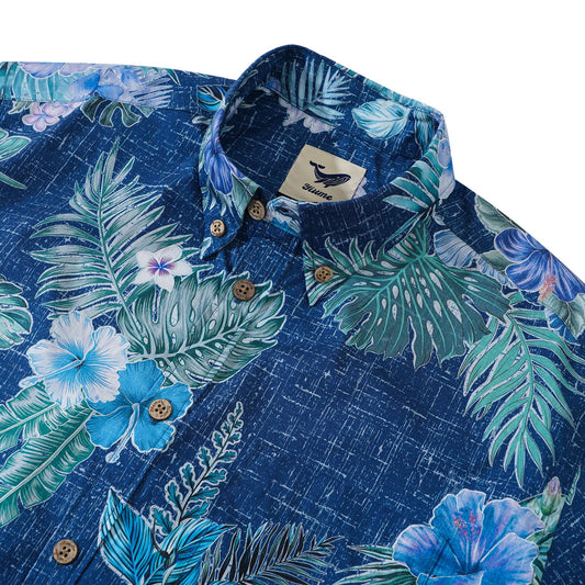 Men's Hawaiian Shirt Short Sleeve Button-down 100% Cotton Green Aloha Tranquil Blue Blossoms
