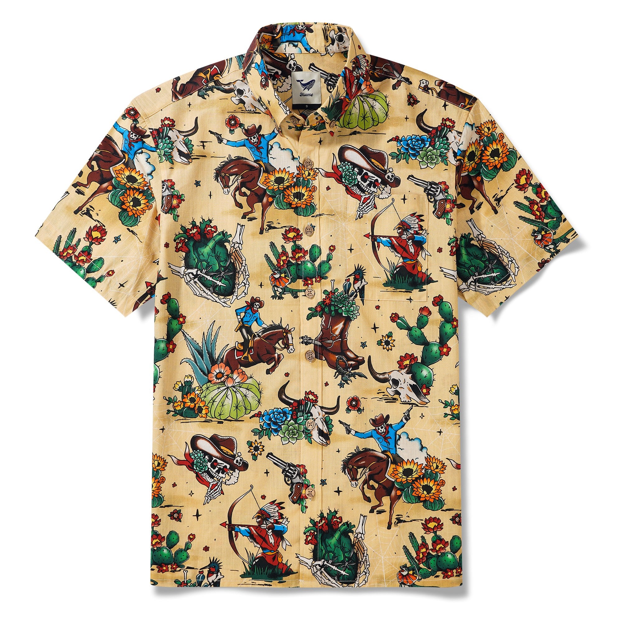 Western Cowboy Hawaiian Shirt For Men Short Sleeve Button-down 100% Cotton Desert Skull Shirt