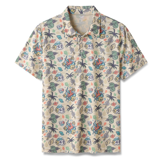 Polo de manga corta vintage hawaiano de los años 90 con calavera tropical salvaje hawaiana para hombre