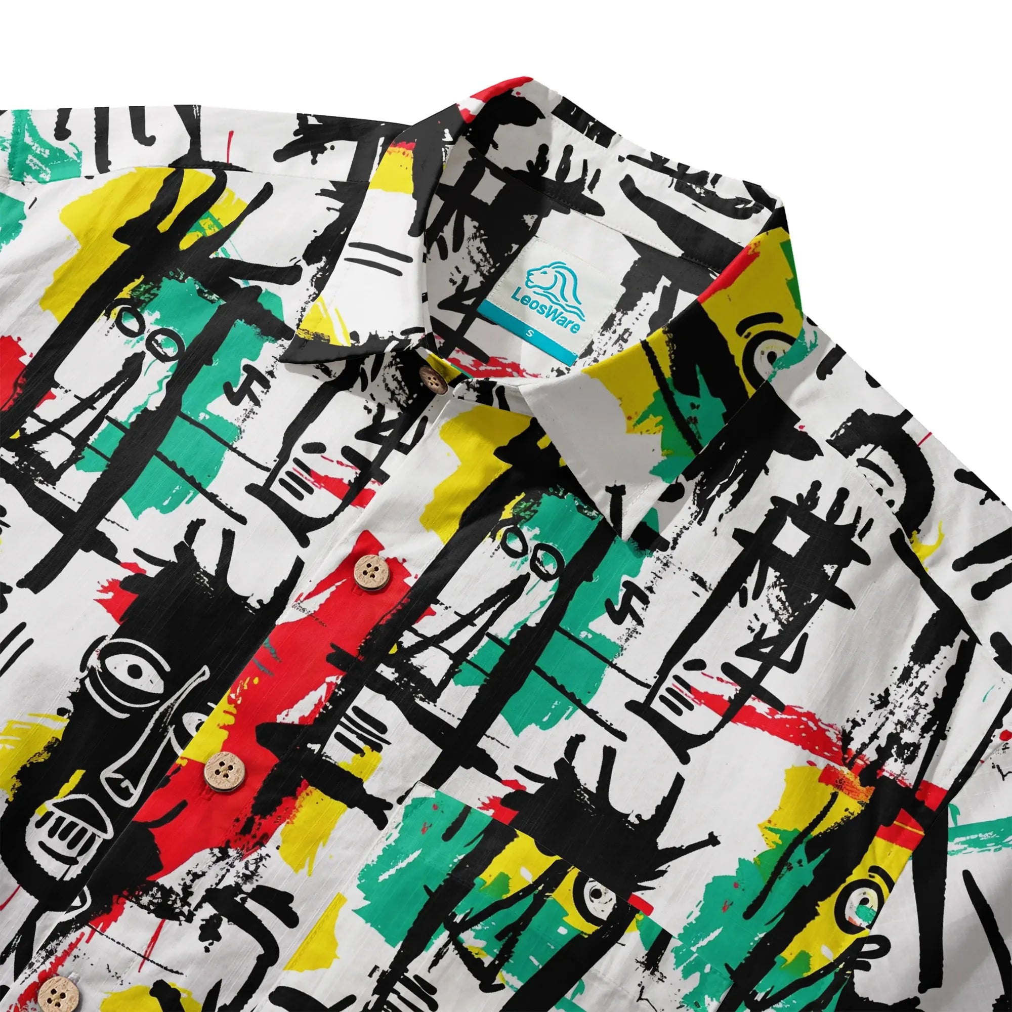 Back view of men's Hawaiian shirt with face doodles
