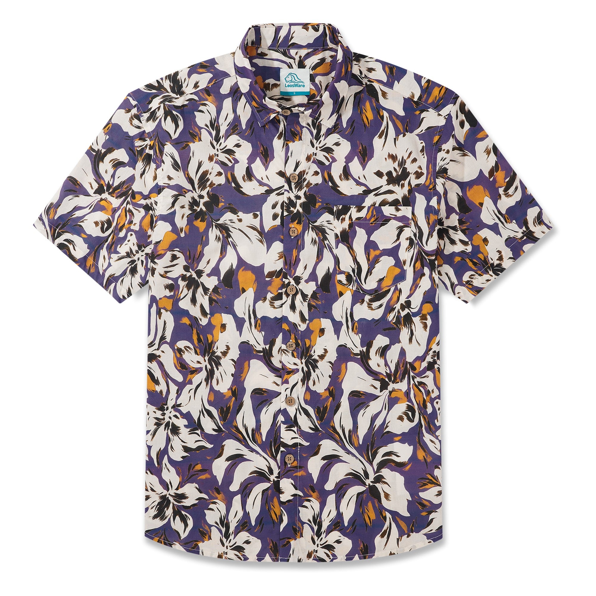 LeosWare® Men's Hawaiian Shirt Short Sleeve Button-up 100% Cotton Blue Aloha Deep Blue, Gold, And White Elegant Floral Impression