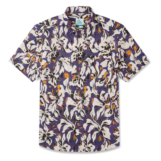 LeosWare® Men's Hawaiian Shirt Short Sleeve Button-up 100% Cotton Blue Aloha Deep Blue, Gold, And White Elegant Floral Impression