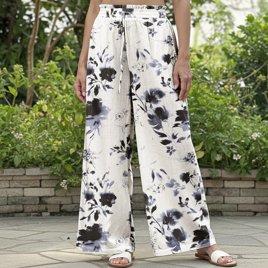 Women Casual Pants Lounge Elastic Waist Drawstring 100% Cotton White Aloha Eastern Ink Charm