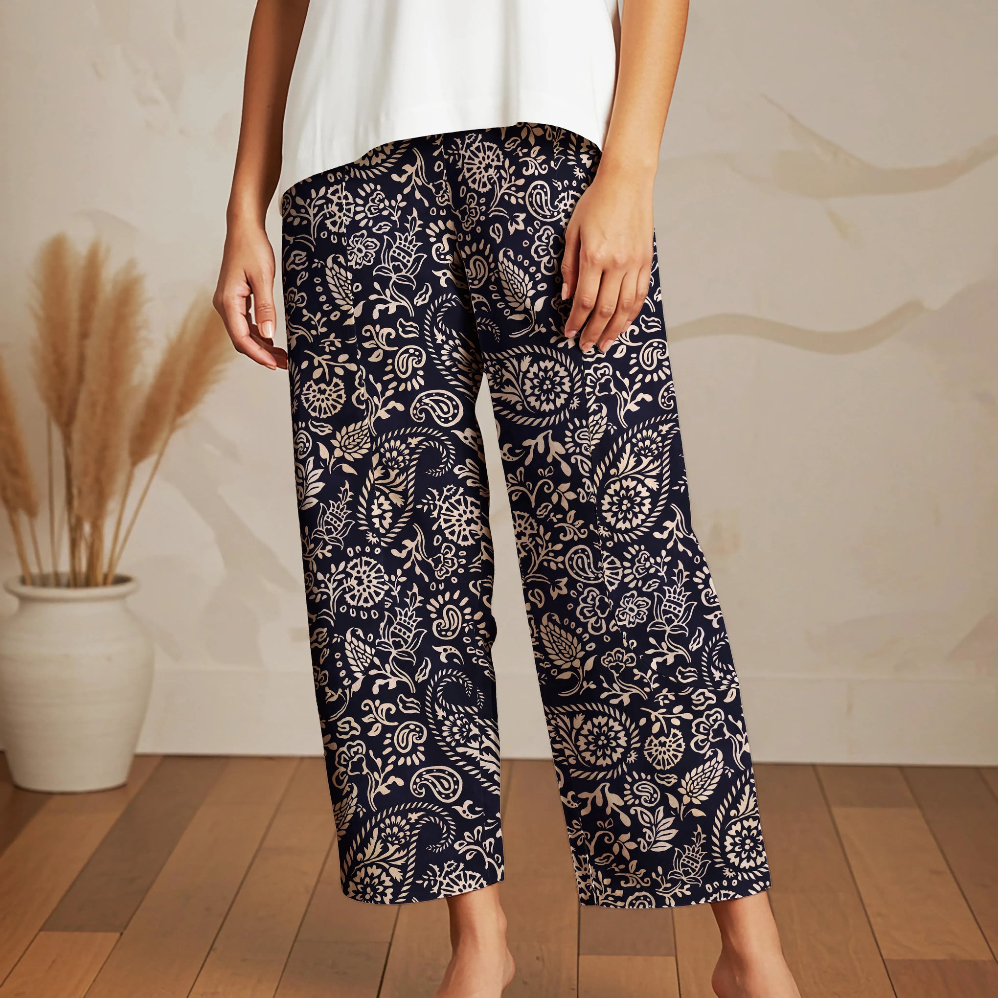 Women Casual Ankle Pants Lounge Elastic Waist with Pockets 93% Lyocell, 7% Linen Black Aloha Elegant Paisley
