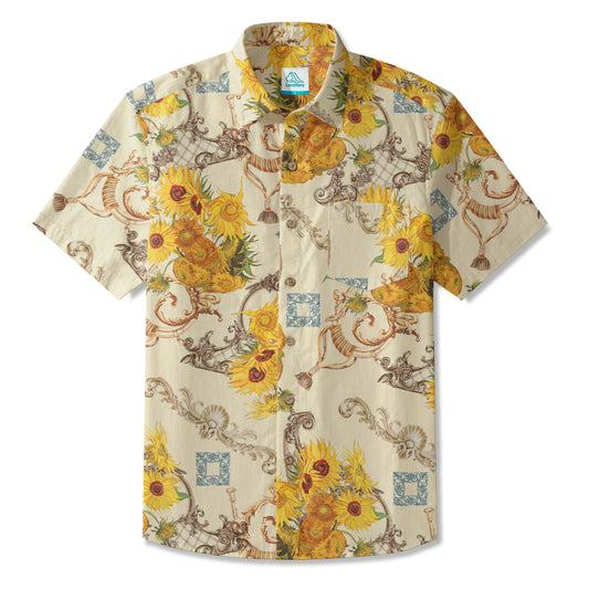 LeosWare® Men's Hawaiian Shirt Short Sleeve Button-up 100% Cotton Yellow Aloha Baroque Radiance