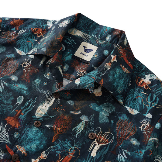 Blue cotton Hawaiian shirt with jellyfish and squid print