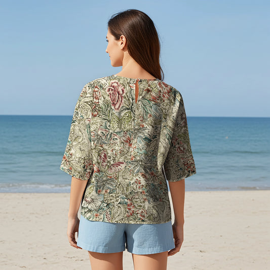 Women Casual Blouse Elbow Sleeve Crew Neck Button-Back 95% Lyocell, 5% Linen Green Aloha Floral Butterfly