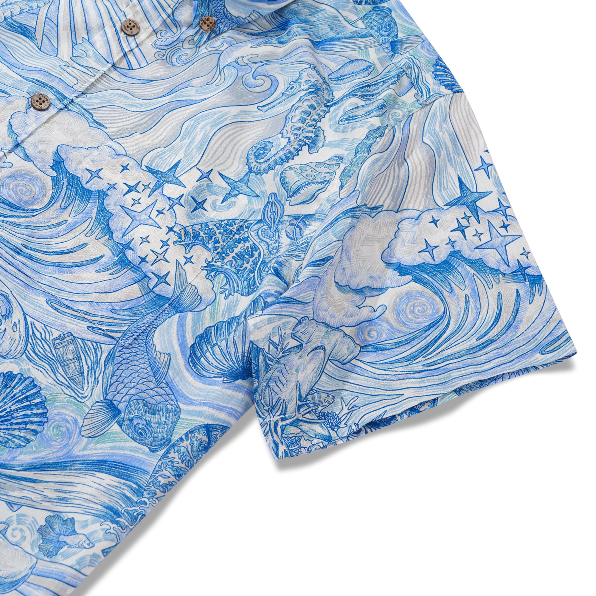 Chemise hawaïenne pour homme à manches courtes, boutonnée, 100 % coton, bleue, Aloha Rêve de l'Océan