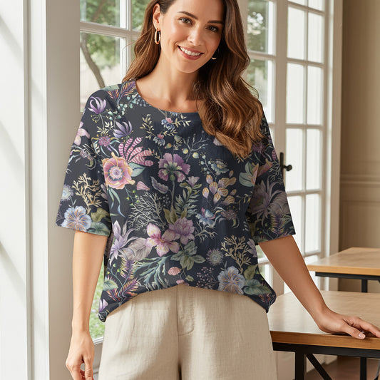 Women Casual Blouse 3/4 Sleeve Round Neck 95% Lyocell, 5% Linen Blue Aloha Night Blossom Dream