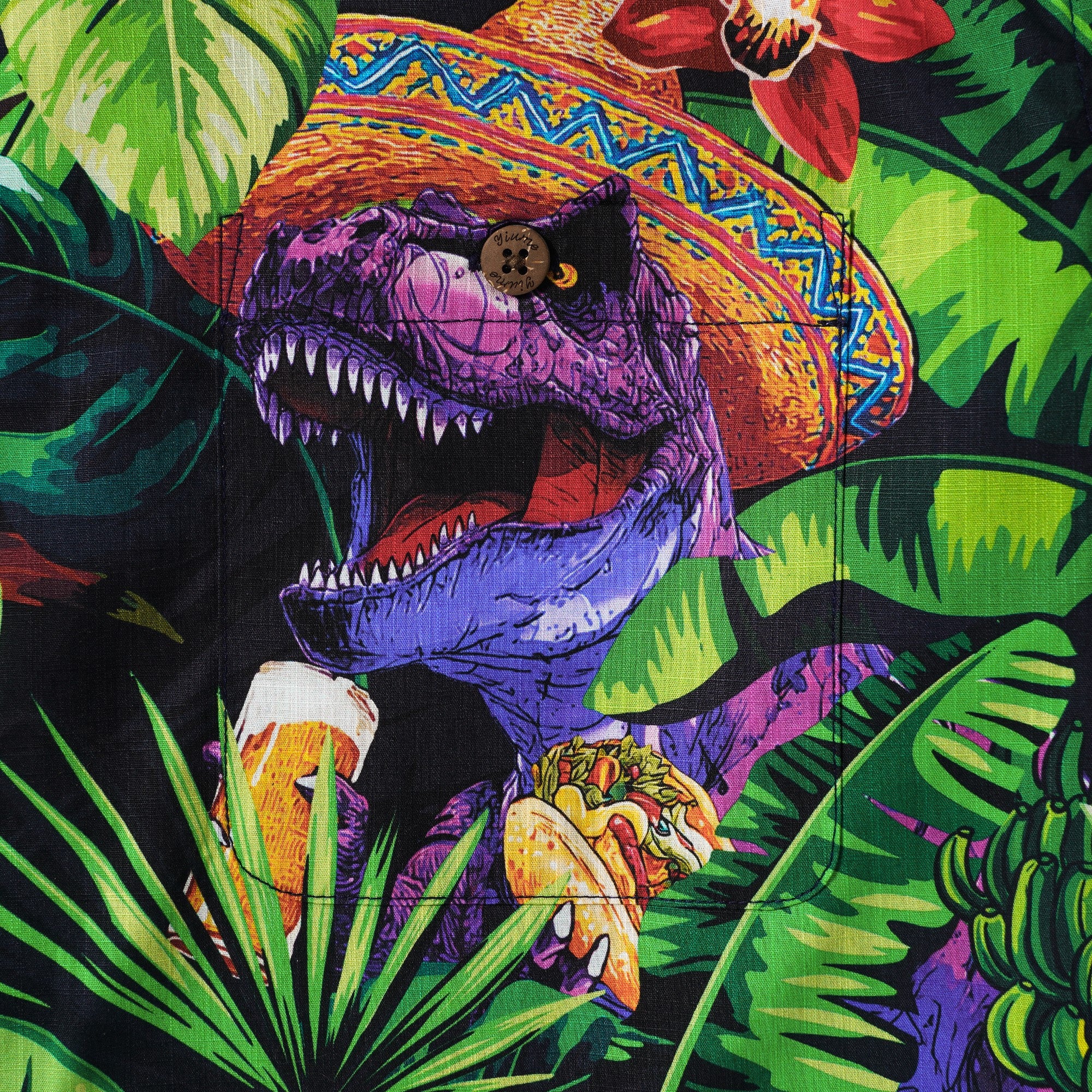 Men's Hawaiian Shirt Short Sleeve Camp Collar 100% Cotton Purple Aloha Jungle Dinosaur Party Time