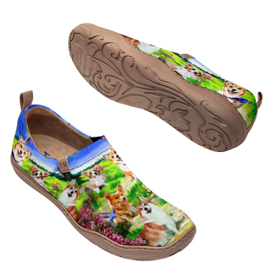 Women's Foldable Loafers, Corgi In The Grass Green Painted Canvas Slip-On Sneakers Grassland Corgi By Chloe