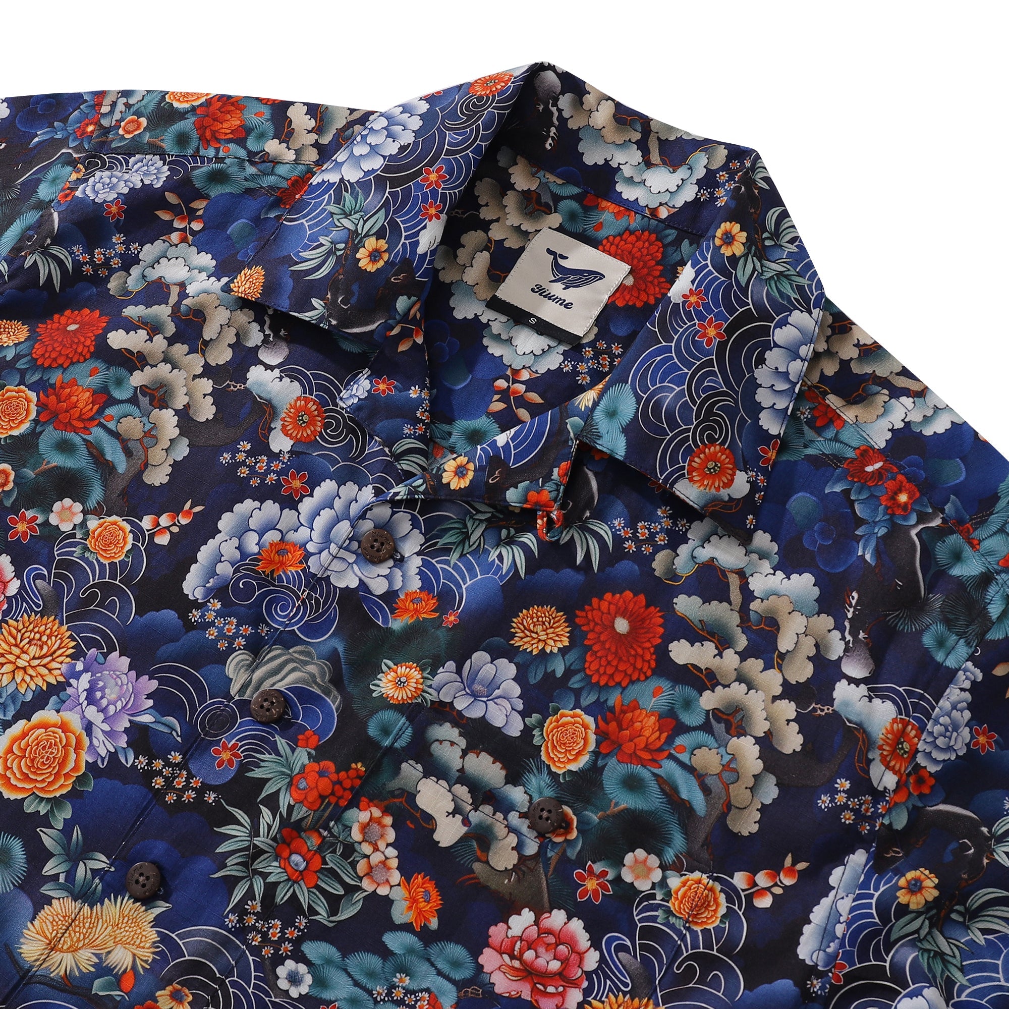 Chemise hawaïenne Ukiyo-e pour hommes, chemise à fleurs orientales, col camp, 100 % coton