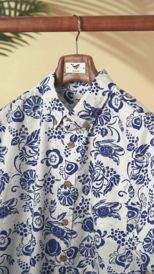 Yiume Men's Retro Hawaiian Shirt Blue Batik Style Shirt 100% Cotton Short Sleeve Button-Down Wrinkle Free Shirt