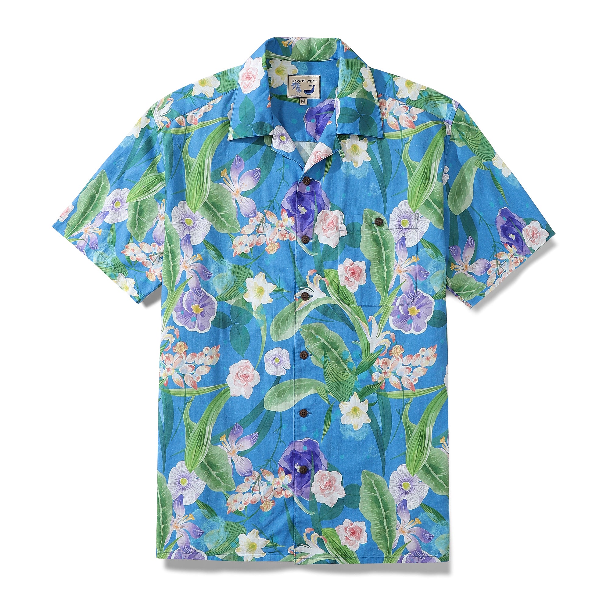 Men's Aloha Shirt Blue Tropical Floral Cotton Camp Collar Hawaiian Shirt