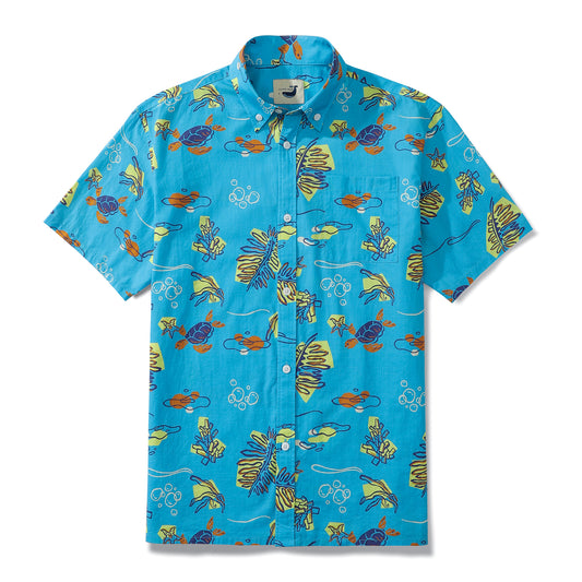 Coral Sea Turtle Men's Button-down Shirt 100% Cotton Shell Button