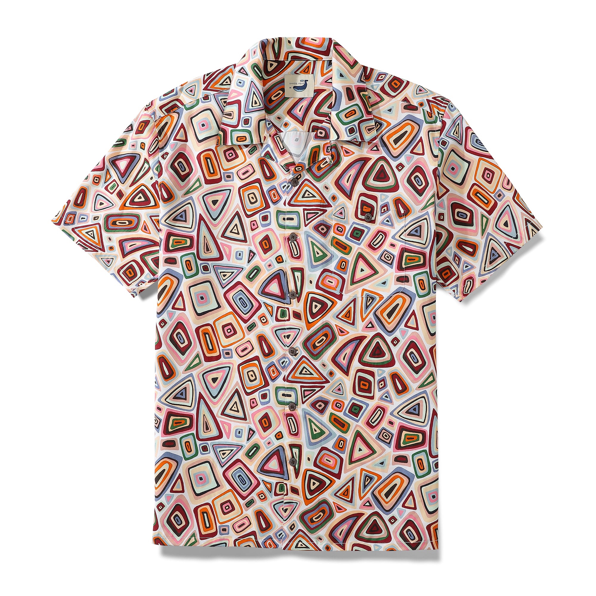 Men‘s 1970s Vintage Aloha Shirts Abstract Geometric Figures Tencel Camp Shirt Coconut Button