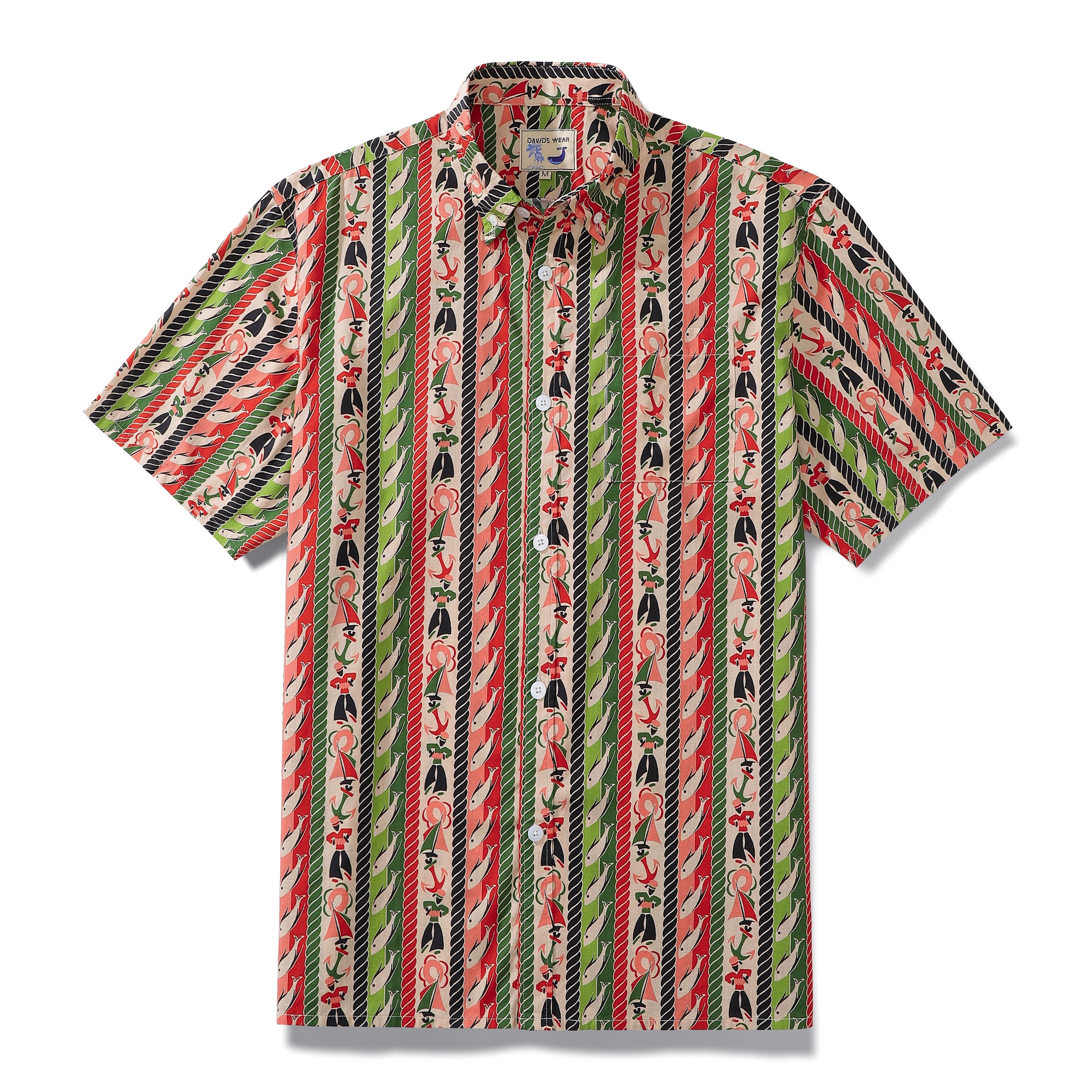 Hawaiian Shirt For Men Colorful Vertical Stripes Fish Mariner Tropical Cotton Shirt