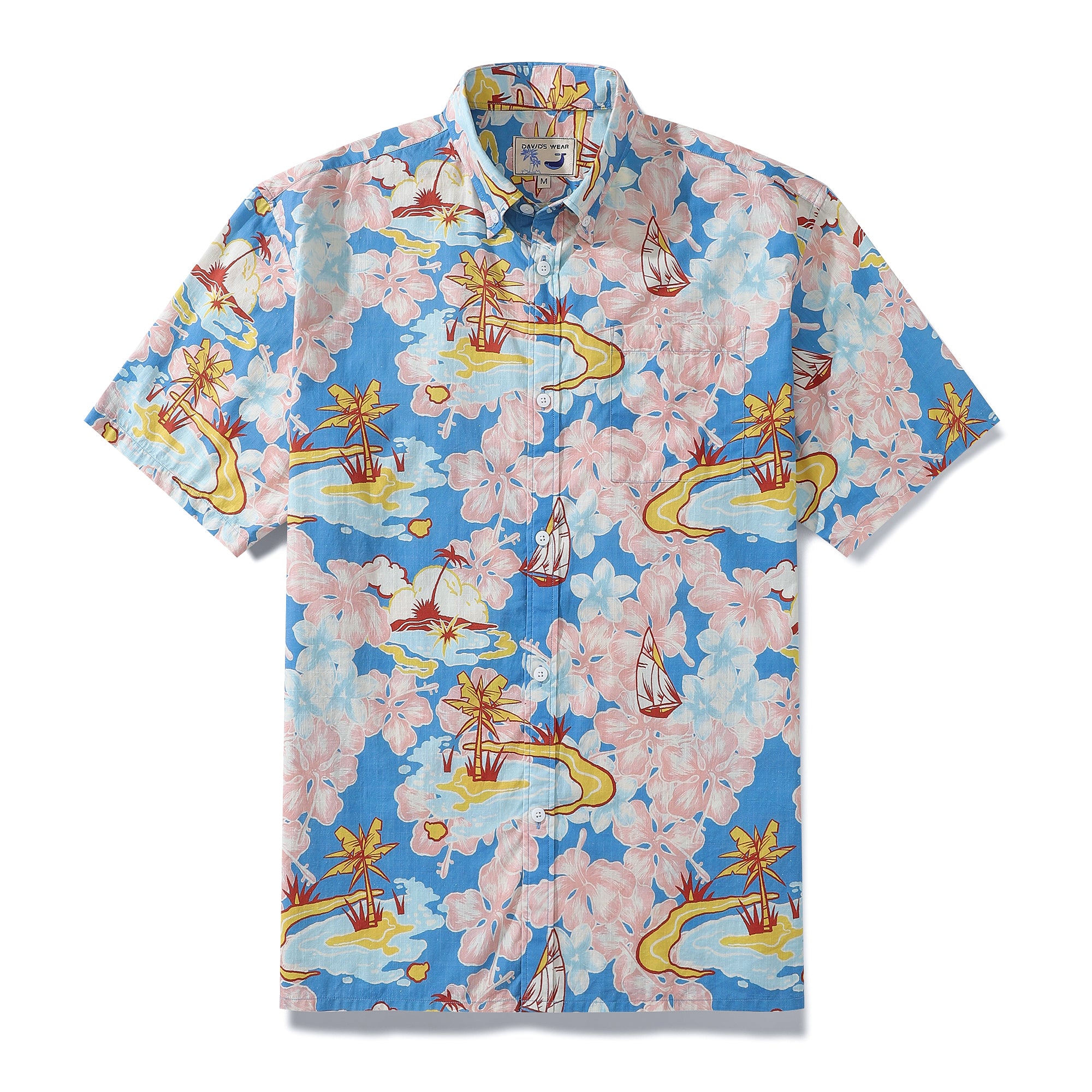 Hawaiian Shirt For Men Hibiscus Island Print Short Sleeve Cotton Button Down