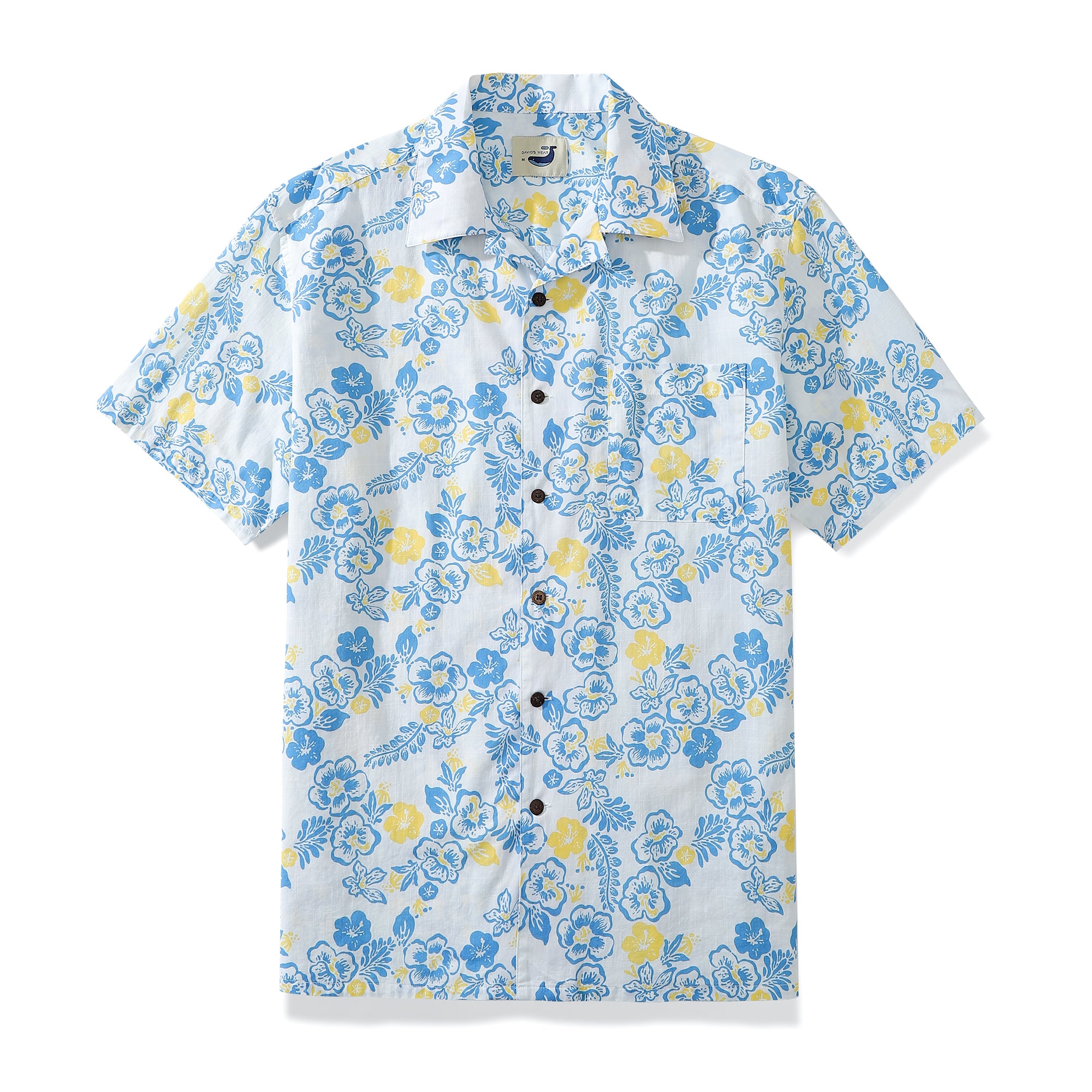 Lemon Yellow And Sky Blue Hibiscus Men's 100% Cotton Camp Shirts ...