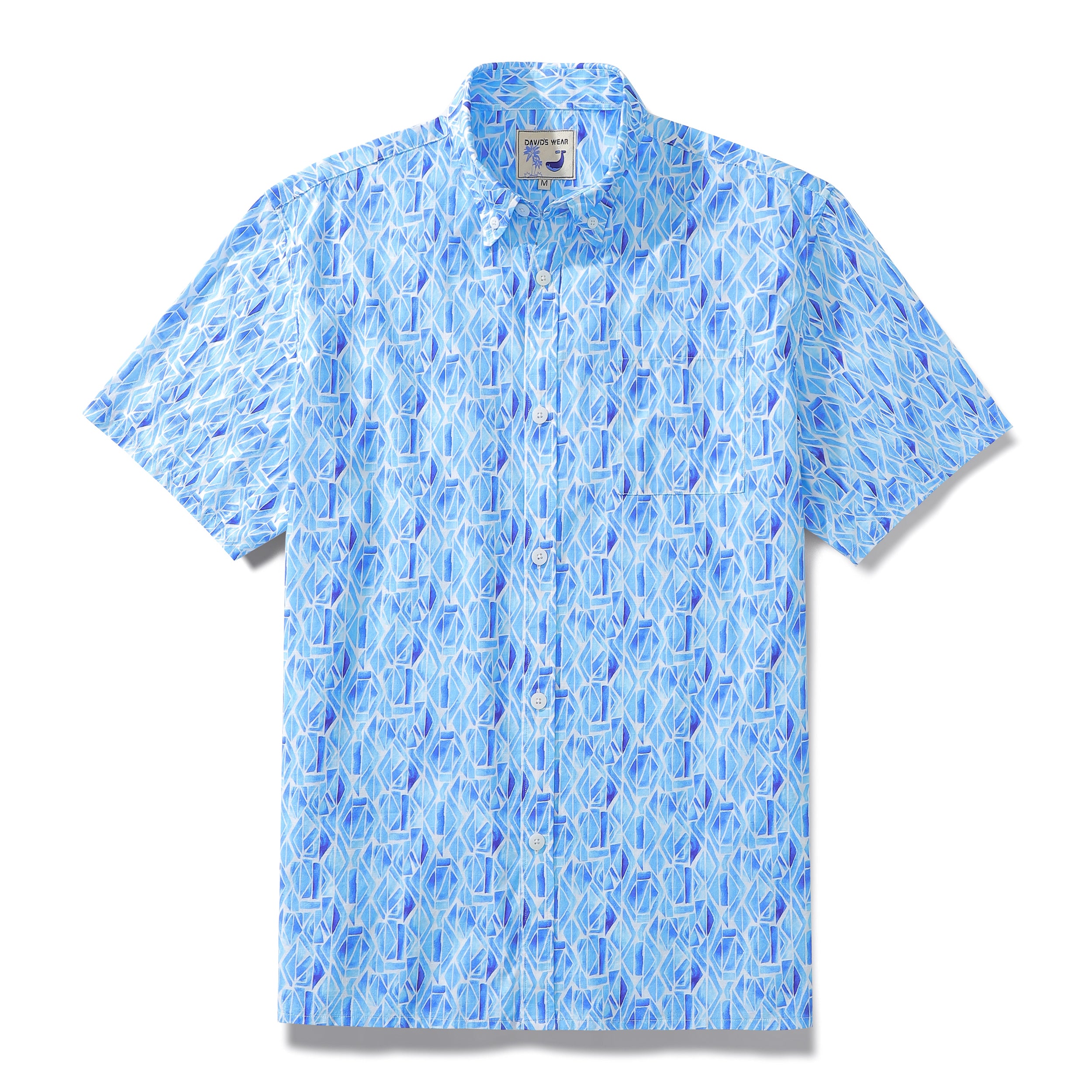 Men's Short Sleeve Shirt Men Hawaii Blue Geometry Print Cotton Button Down