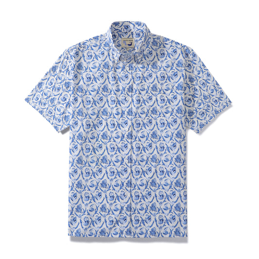 Button Down Shirts For Men Vintage Tropical Print Blue Rhombus Conch Short Sleeve Aloha