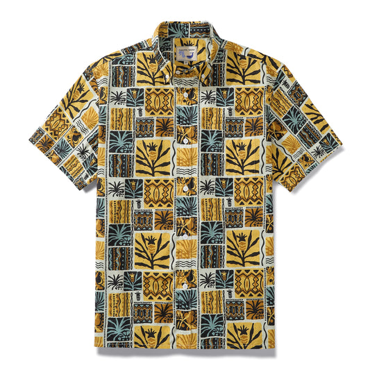 Hawaiian Shirt For Men Tiki Shirt Yellow Tropical Floral Short-sleeve Totem Cotton