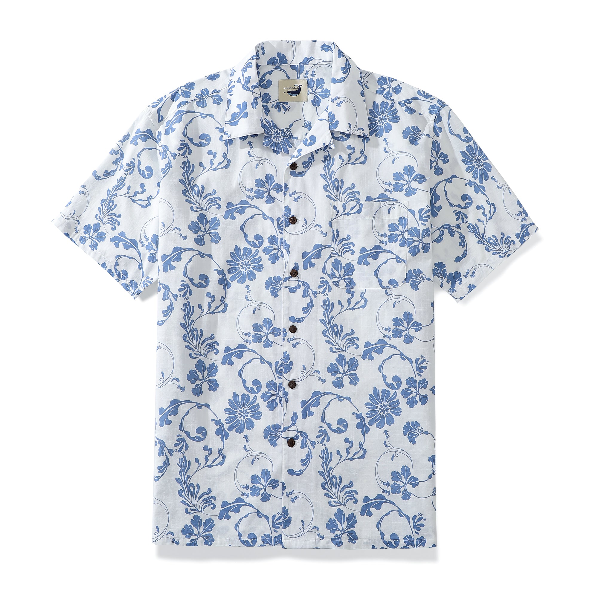 Light Blue Chrysanthemum White Cotton Shirt Soft and Comfortable