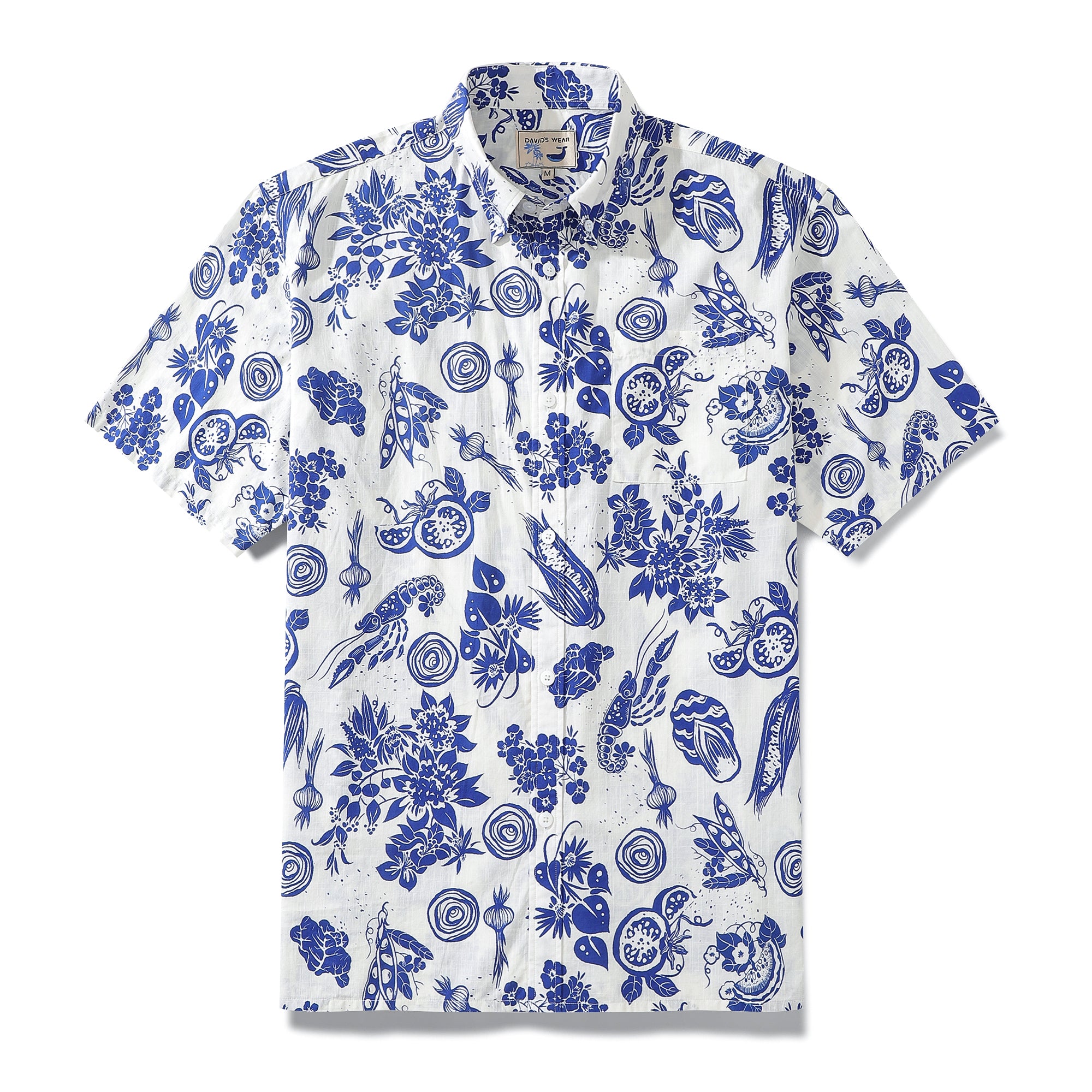Hawaiian Shirt For Men Shrimp and Vegetable Blue and White Bicolor Print Short Sleeve Cotton Button Down