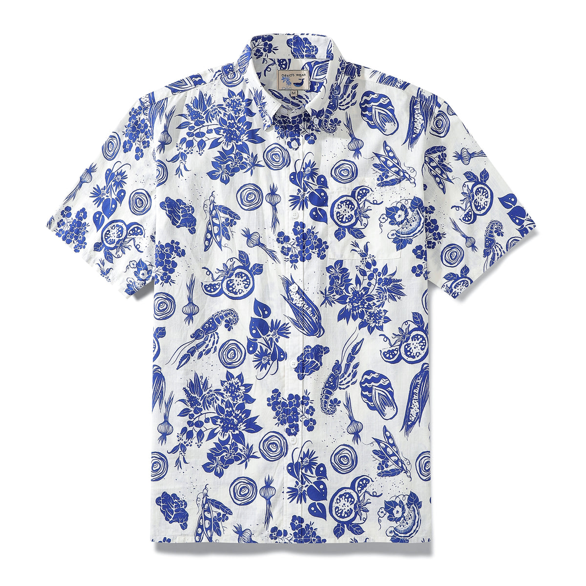 Hawaiian Shirt For Men Shrimp and Vegetable Blue and White Bicolor Pri ...