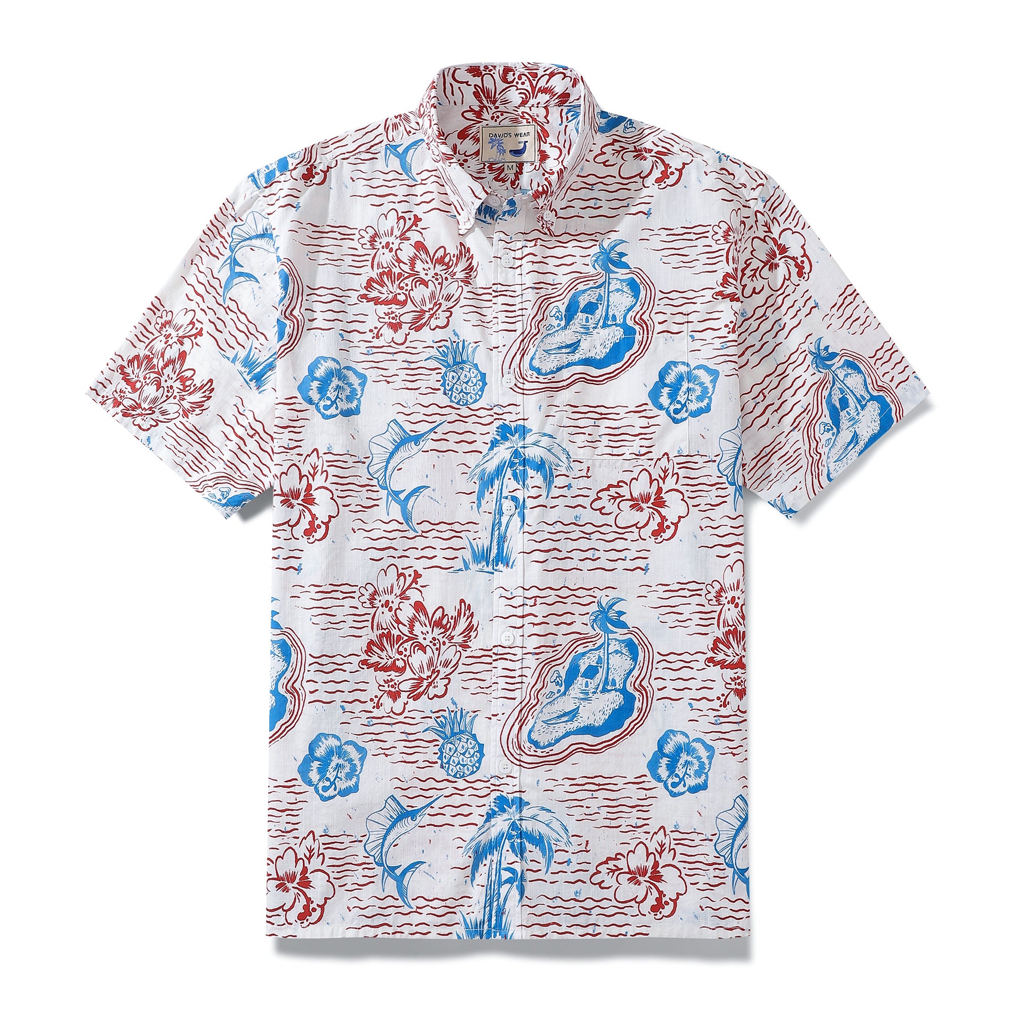 Hawaiian Men's Shirt with Tuna and Tropical Scenery Print, Made of 100% Cotton