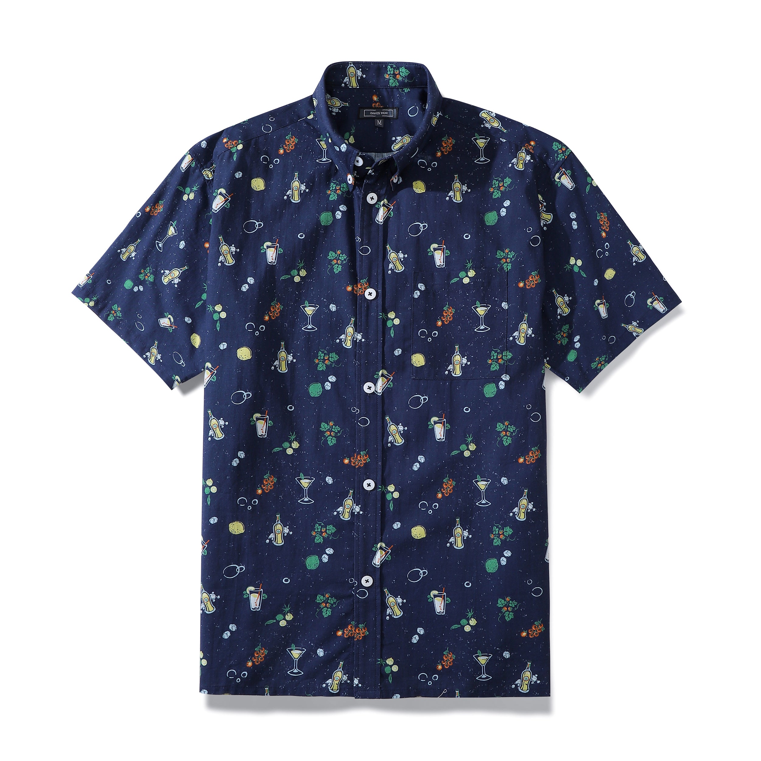 Men's Hawaiian Shirt Dark Blue Cocktail Print Cotton Short Sleeve Button Down