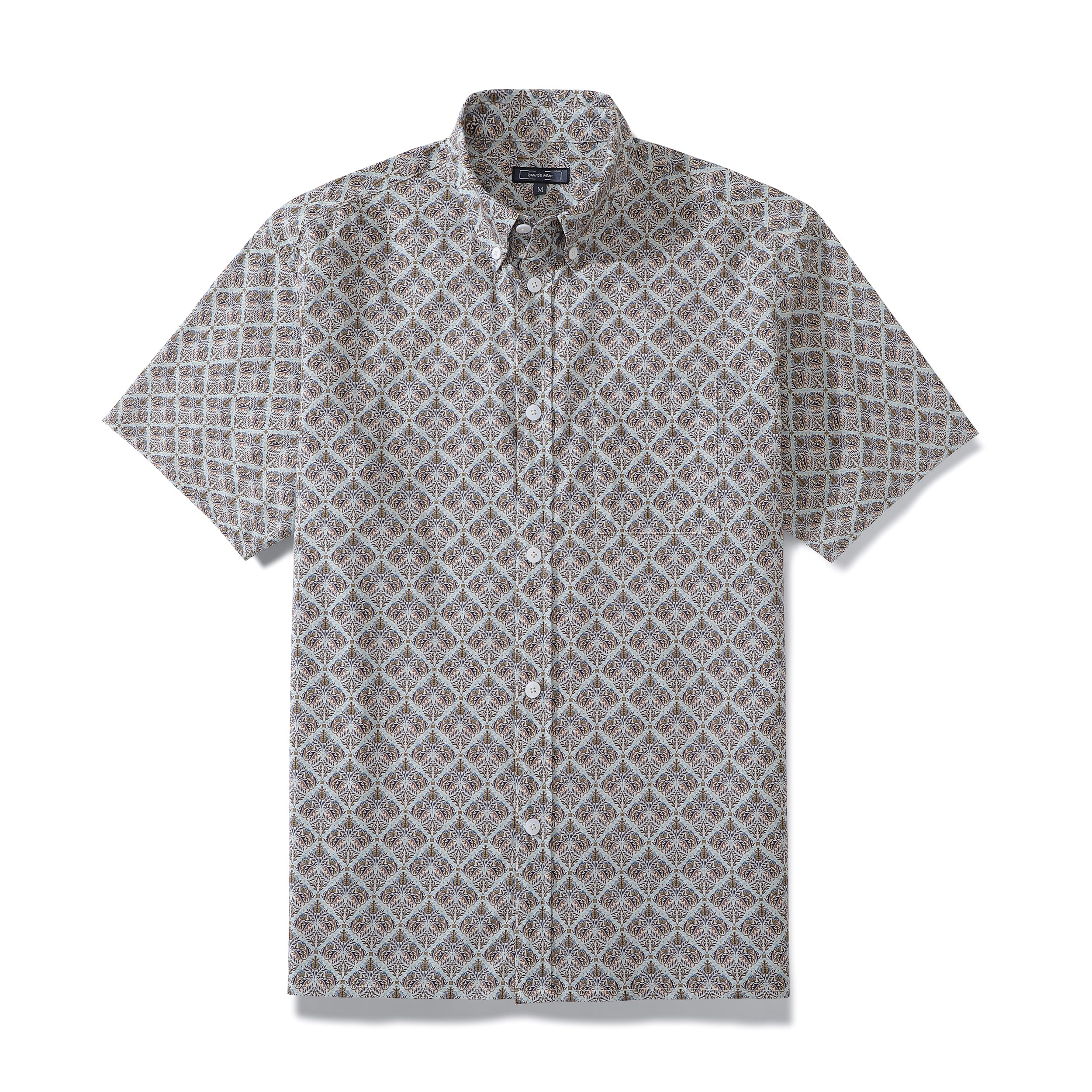 Men's Aloha Shirt Gray Diamond Pattern Cotton Short Sleeve Button Down