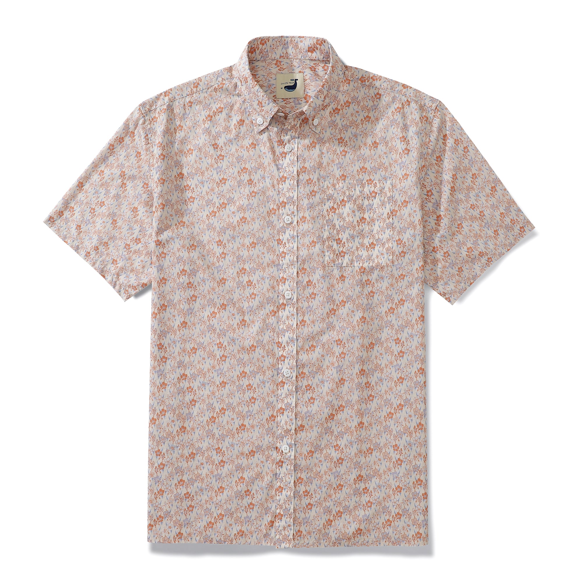 Men's Aloha Shirt Light Pink Floral Cotton Short Sleeve Button Down Pocket Workwear